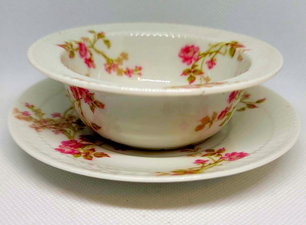 VNTG Marked Limoges Haviland France Porcelain Small Bowl & Saucer Pink Floral